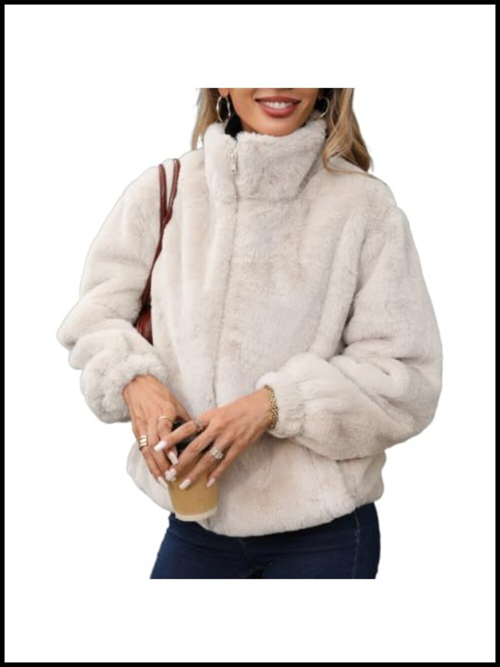 Women's Cropped Faux Fur Zip-Up Jacket Fluffy Winter Coat